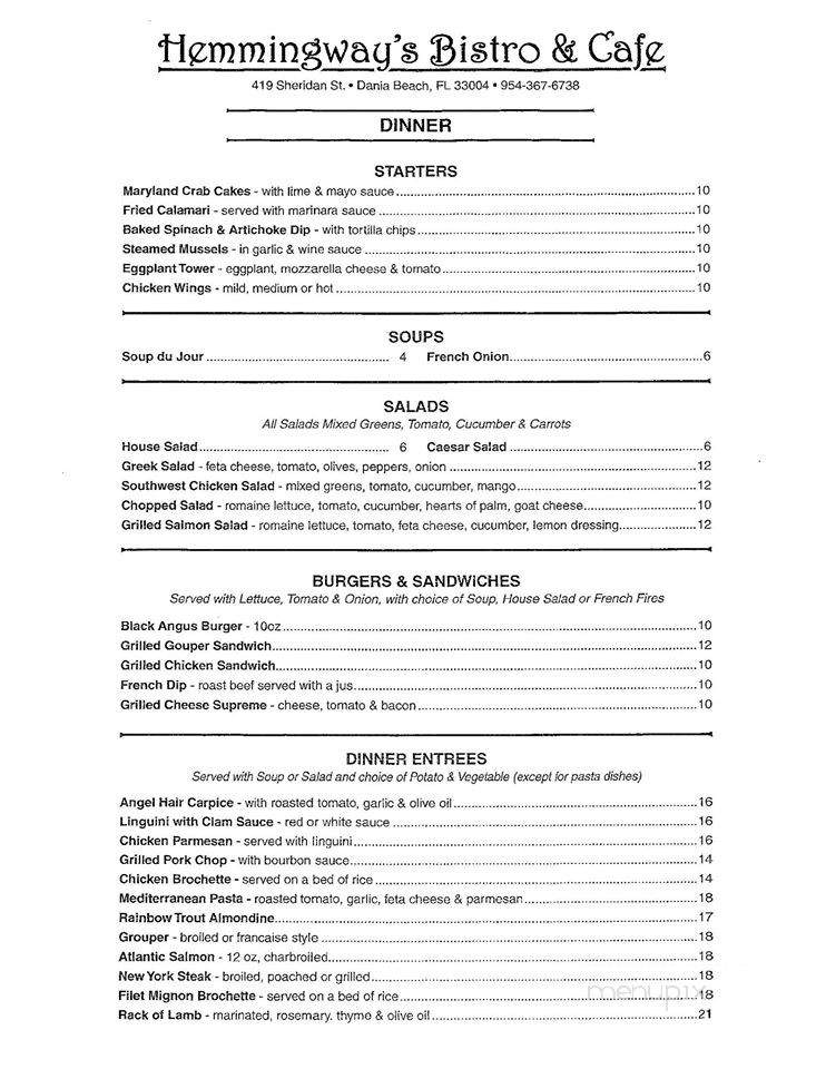 Hemmingway's Bistro & Cafe - Dania Beach, FL menu_pic