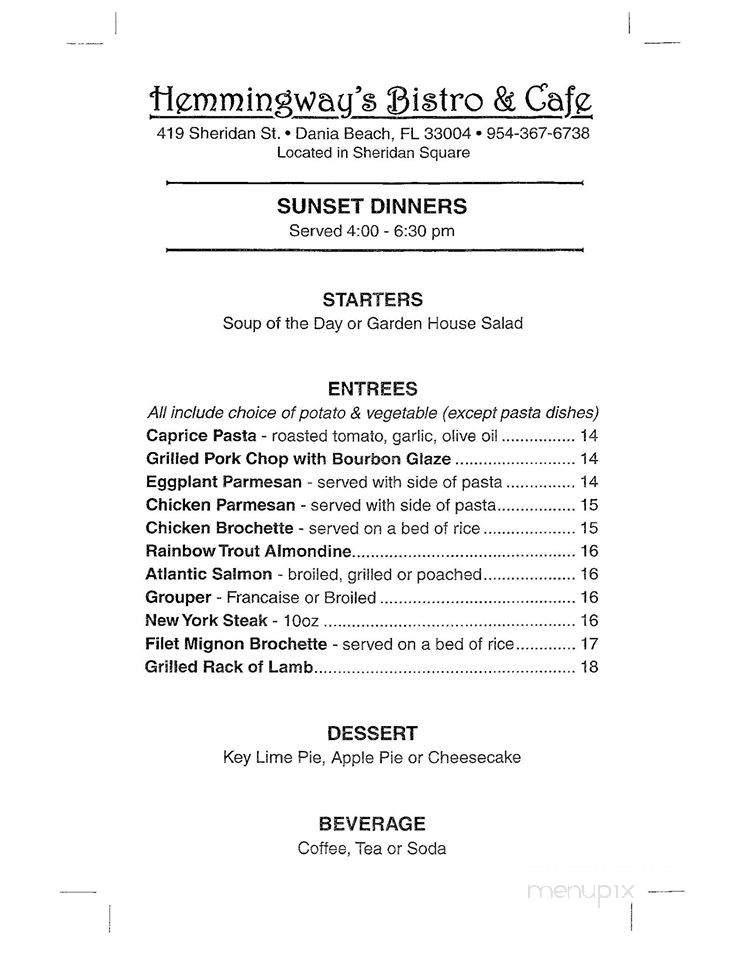 Hemmingway's Bistro & Cafe - Dania Beach, FL menu_pic