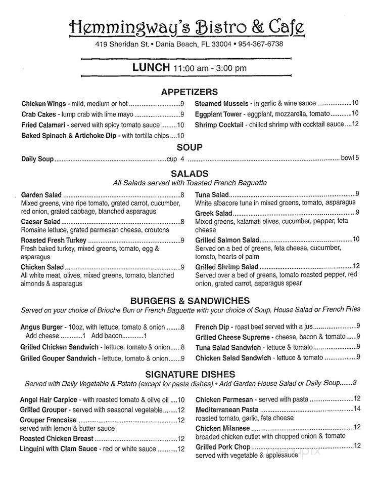 Hemmingway's Bistro & Cafe - Dania Beach, FL menu_pic
