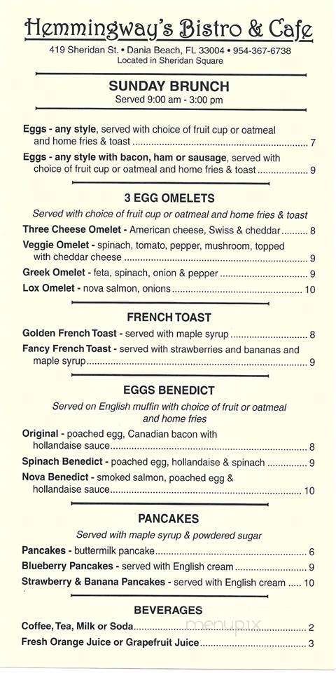 Hemmingway's Bistro & Cafe - Dania Beach, FL menu_pic
