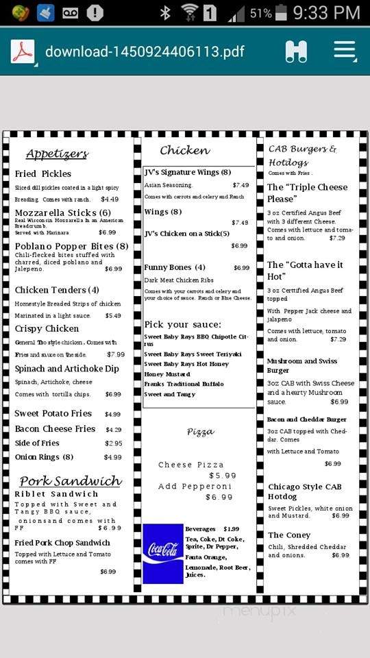 JV's Sports Bar & Grill - Plymouth, NC menu_pic