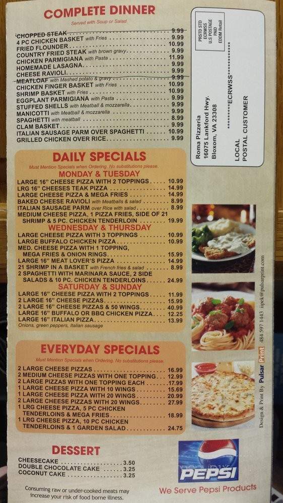 Roma Pizzeria - Bloxom, VA menu_pic
