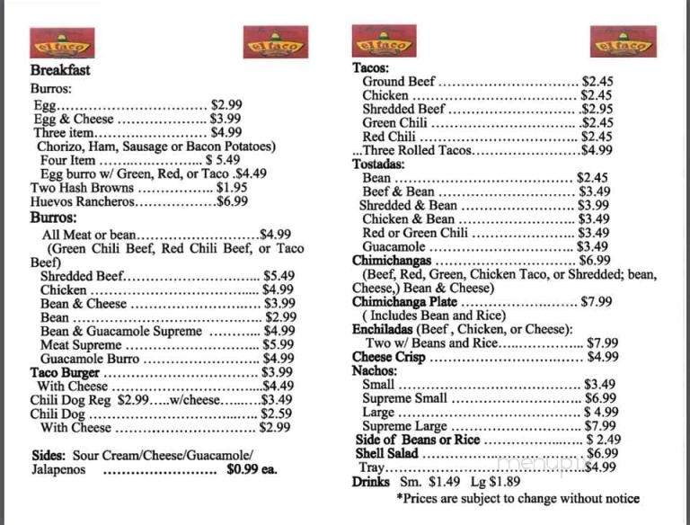 Stocktons El Taco Toms - Tucson, AZ menu_pic