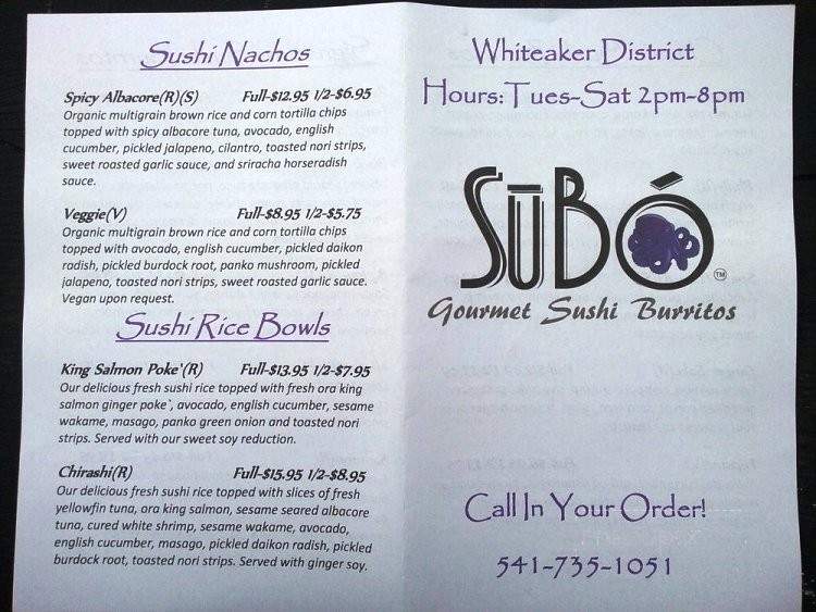 Subo Sushi Burritos - Eugene, OR menu_pic