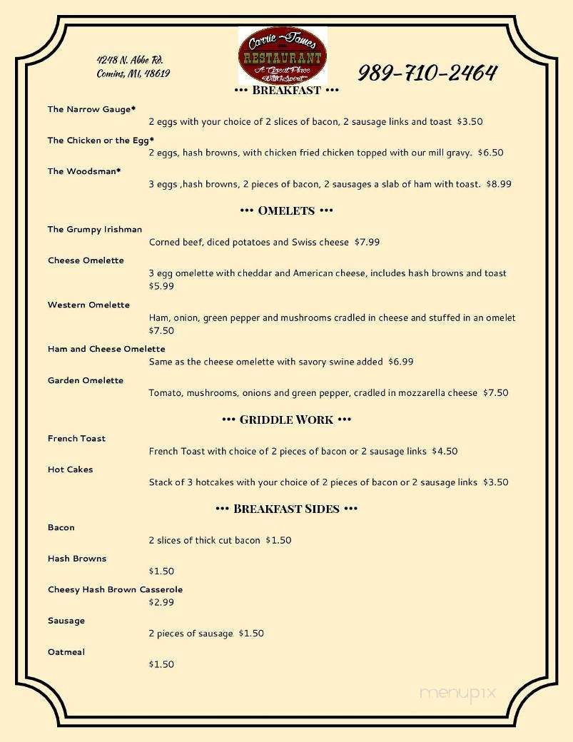 The Carrie James Restaurant - Comins, MI menu_pic