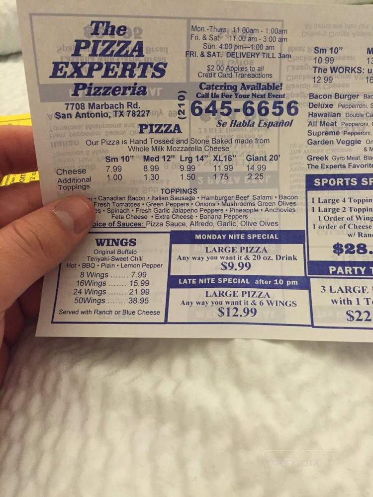 The Pizza Experts Pizzeria - San Antonio, TX menu_pic