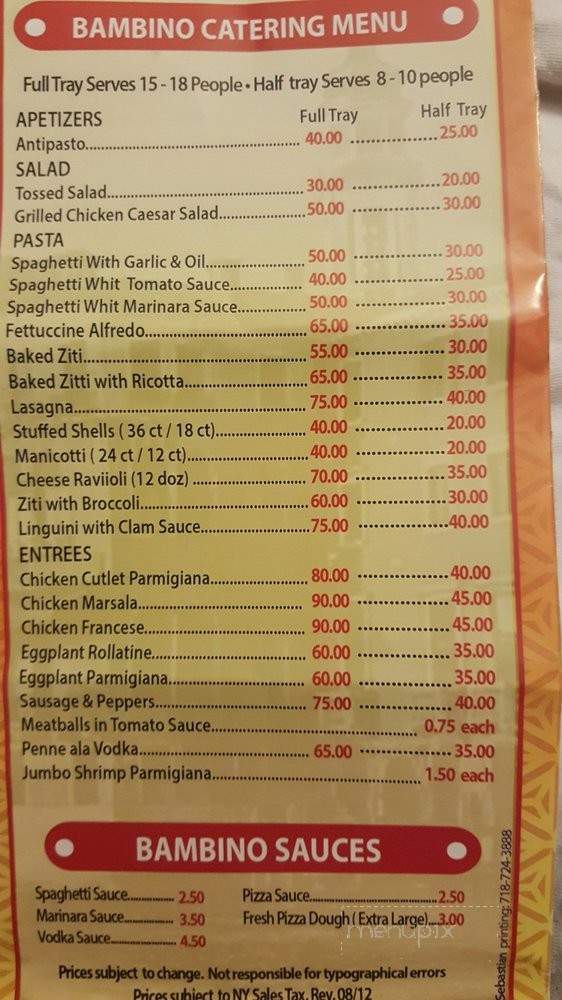Bambino Pizza III - Ridgewood, NY menu_pic