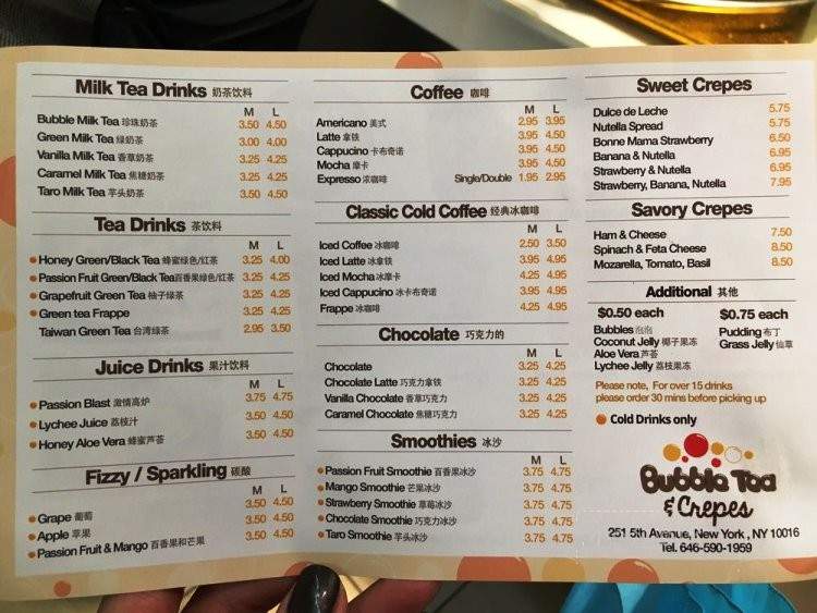 Bubble Tea & Crepes - New York, NY menu_pic