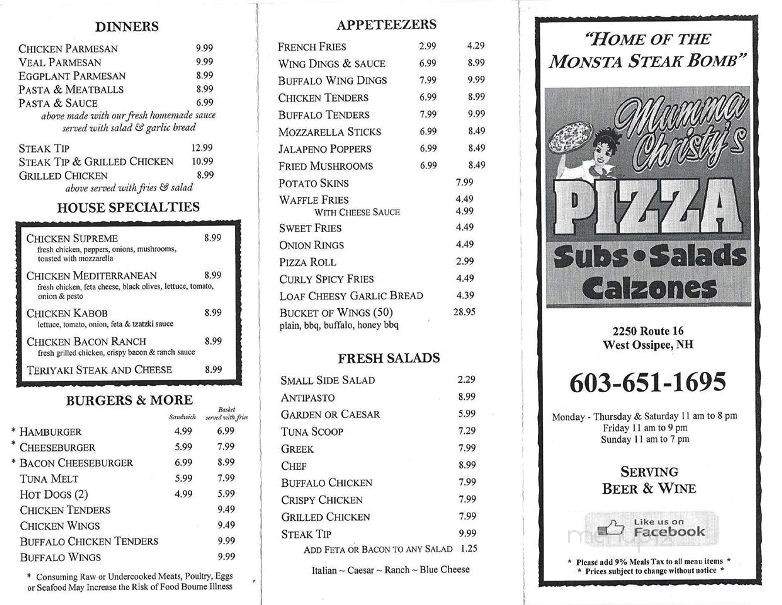 Mumma Christy's Pizza Subs & More - Ossipee, NH menu_pic