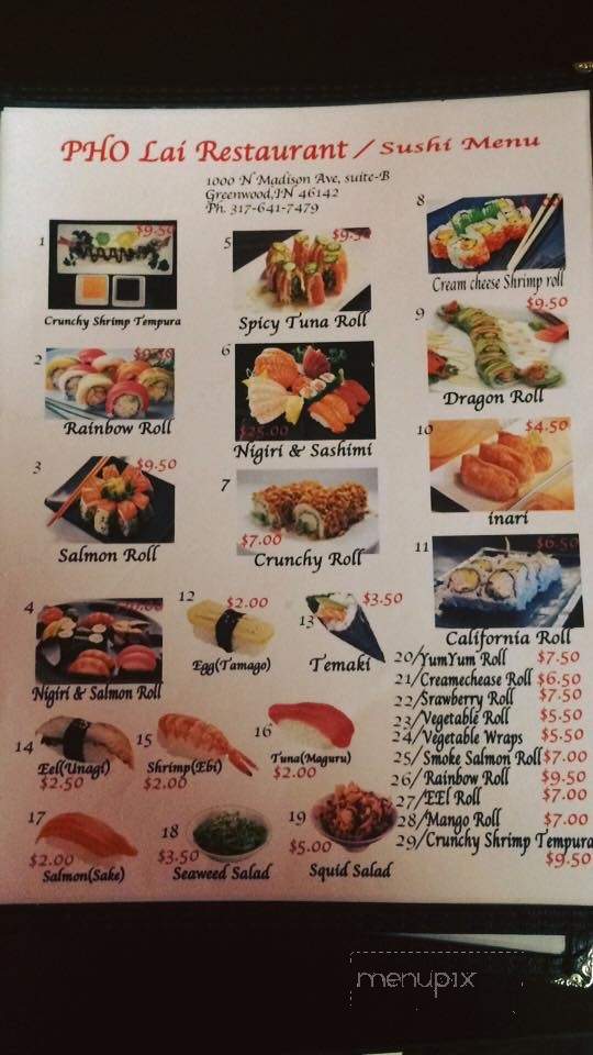 Pho Lai Restaurant - Greenwood, IN menu_pic