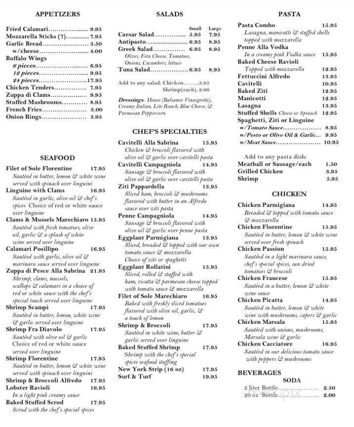 Sabrinas Restaurant - Burlington, CT menu_pic