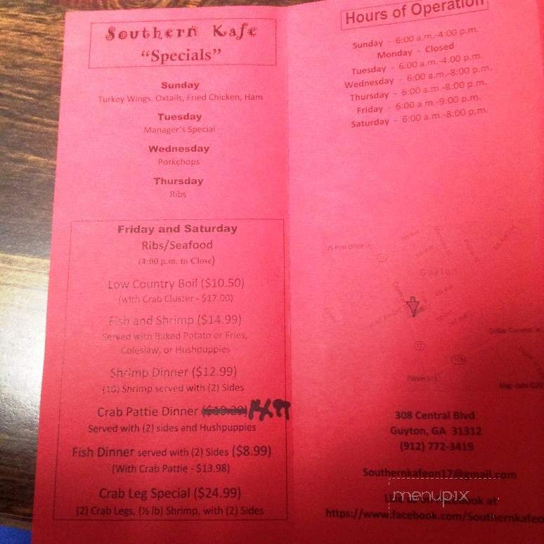 Menu of Southern Kafe on 17 in Guyton, GA 31312