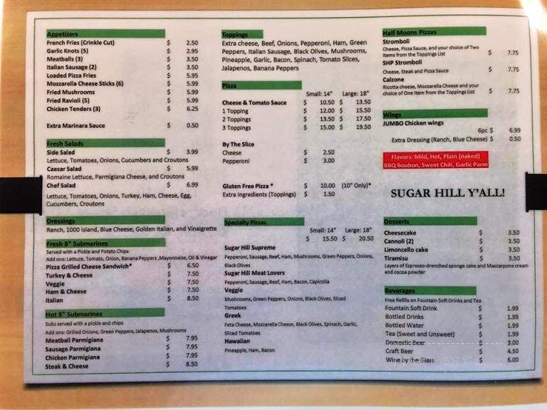Sugar Hill Pizzaria - Kinston, NC menu_pic