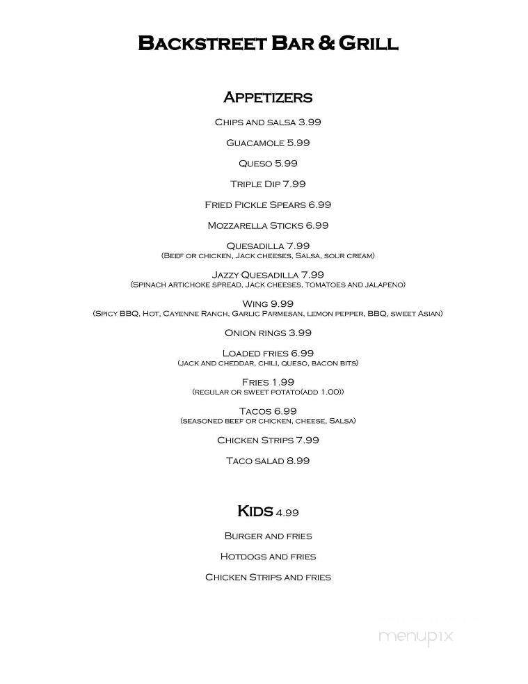 The Backstreet Bar and Grill - Keller, TX menu_pic