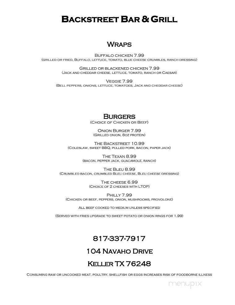 The Backstreet Bar and Grill - Keller, TX menu_pic
