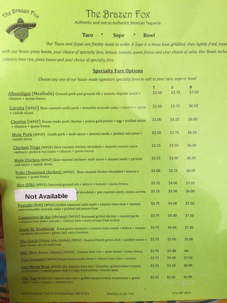The Brazen Fox - Truth or Consequences, NM menu_pic