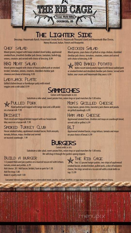 The Rib Cage - Council, ID menu_pic