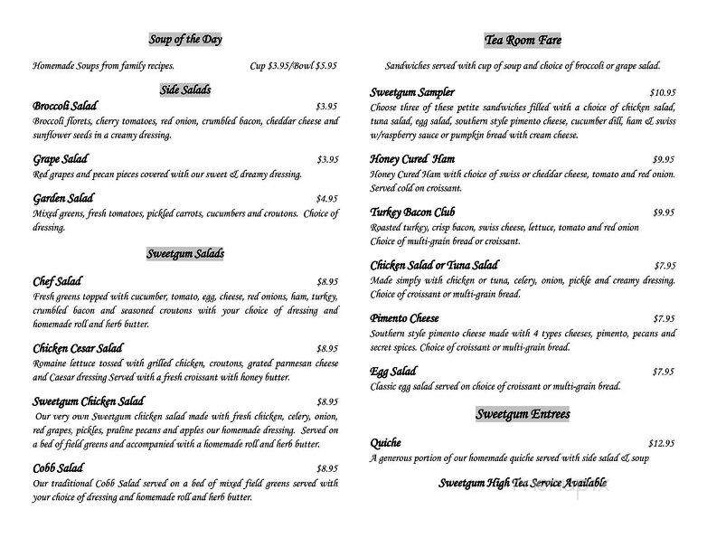 The Sweetgum Tea Room - Livingston, TX menu_pic