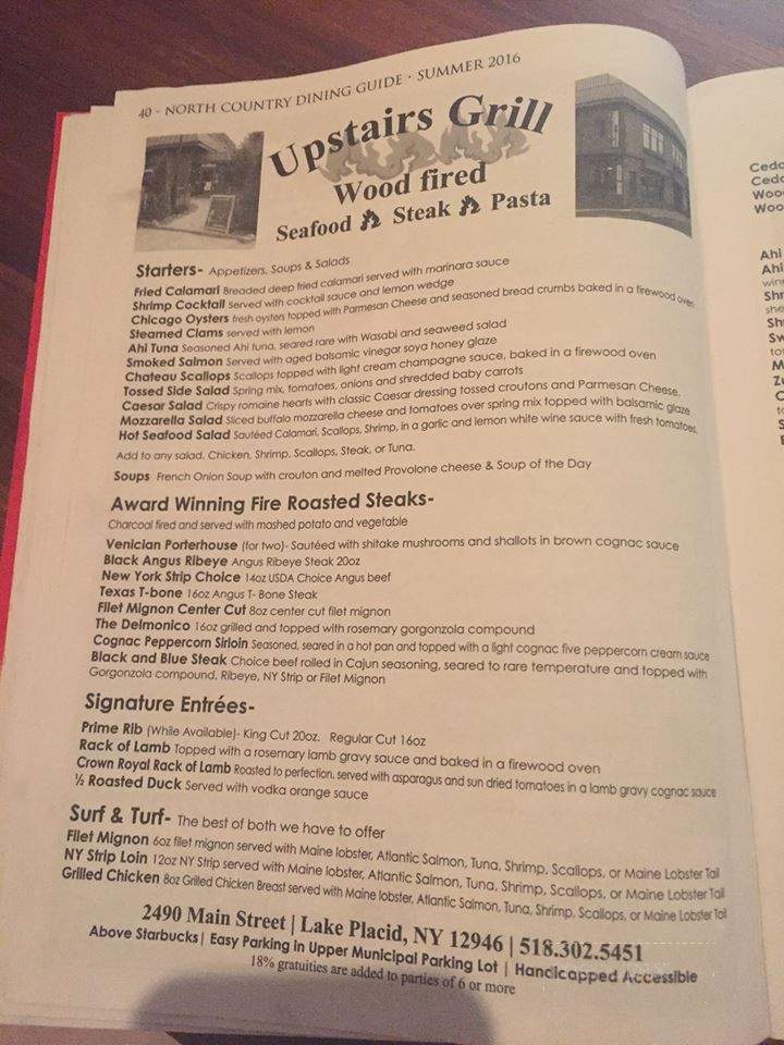 Upstairs Grill - Lake Placid, NY menu_pic