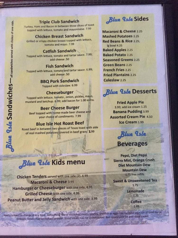 Blue Isle Home-Style Restaurant and Bar - Winchester, KY menu_pic