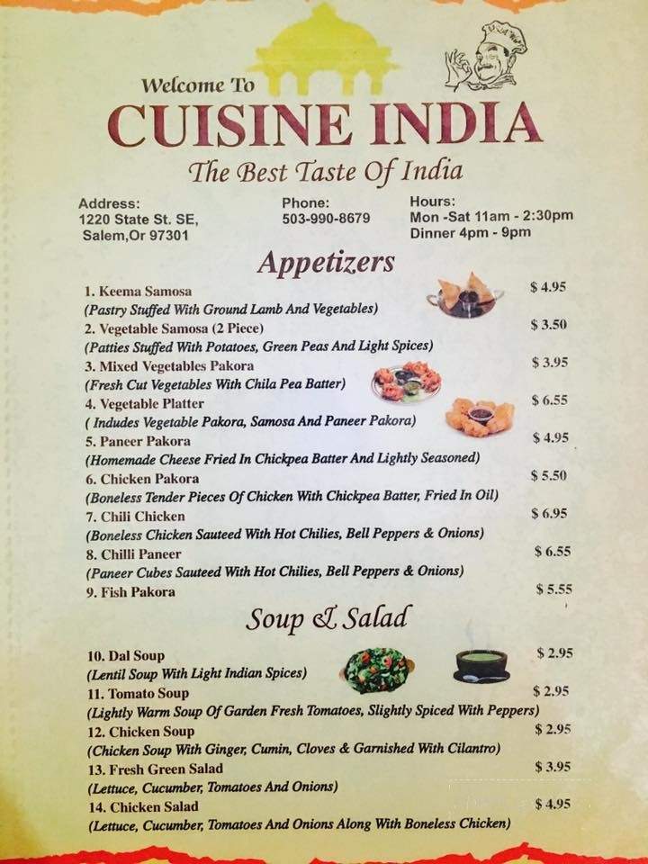 Menu of Cuisine India in Salem, OR 97301