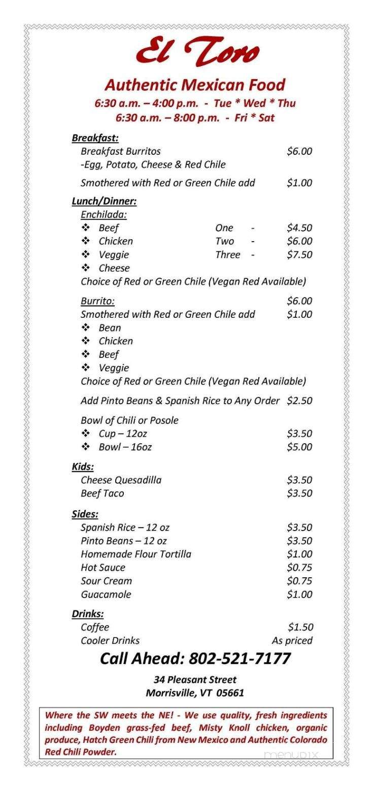 El Toro - Morristown, VT menu_pic