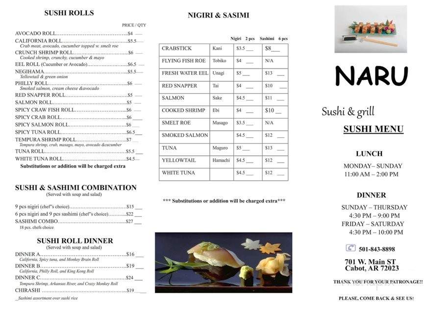 Naru Sushi and Grill - Cabot, AR menu_pic