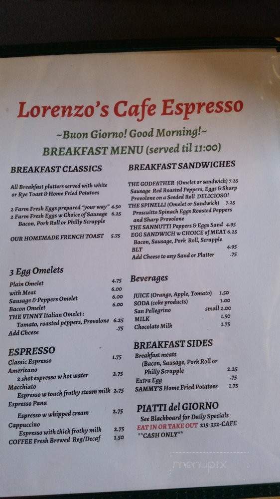 Lorenzo's Cafe Espresso - Philadelphia, PA menu_pic