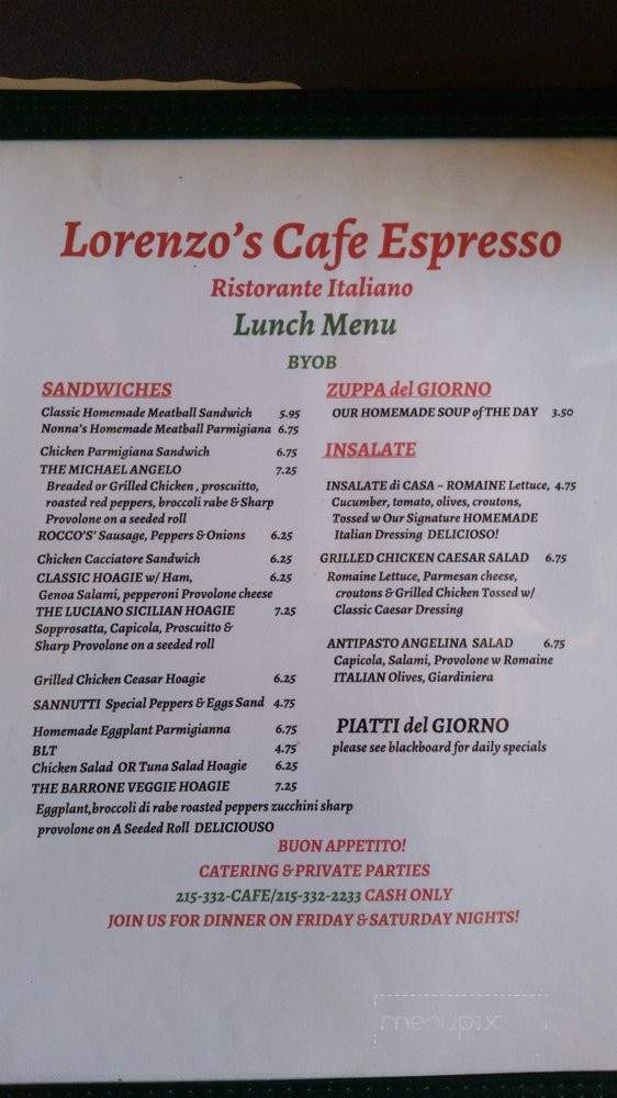 Lorenzo's Cafe Espresso - Philadelphia, PA menu_pic