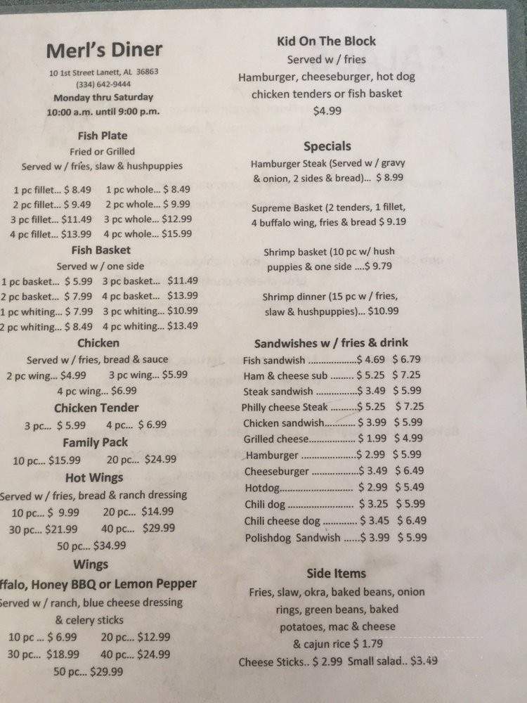 Merl's Diner - Lanett, AL menu_pic