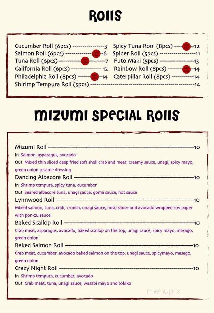 Mizumi Roll & Izakaya - Lynnwood, WA menu_pic