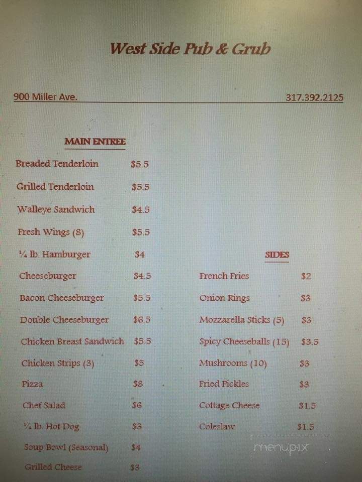 Westside Pub and Grub - Shelbyville, IN menu_pic