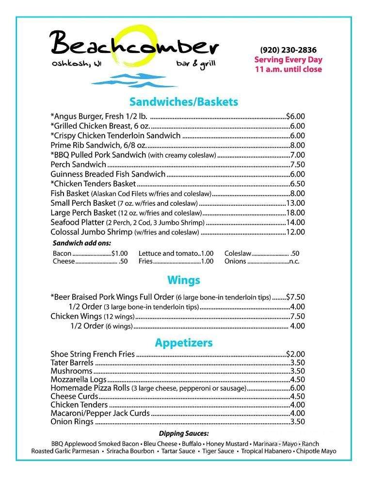 Beachcomber - Oshkosh, WI menu_pic