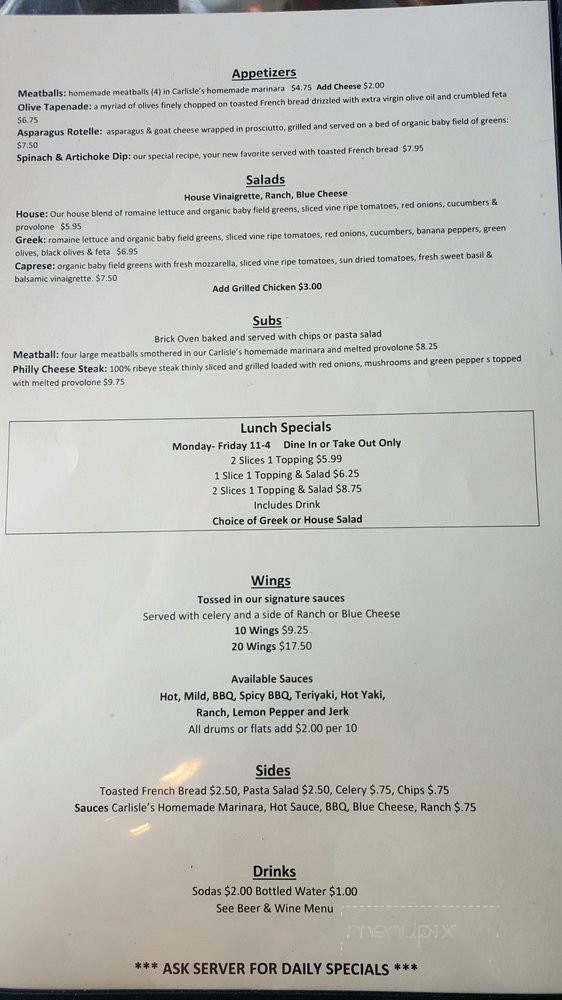 Carlisle's Pizza Tavern - Roswell, GA menu_pic