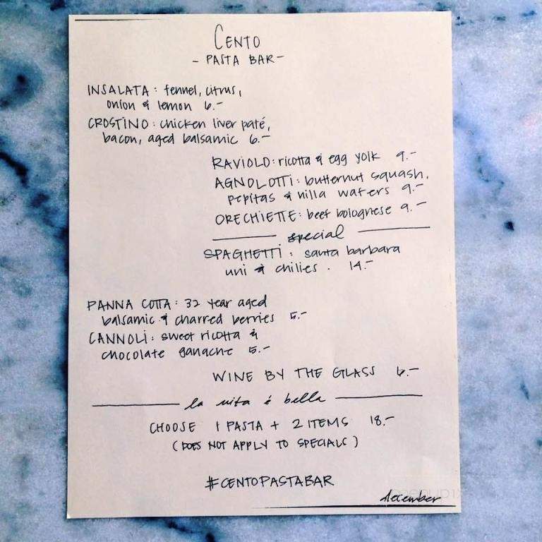 Cento Pasta Bar - Los Angeles, CA menu_pic