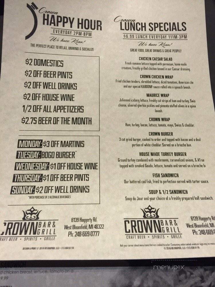 Crown Bar & Grill - West Bloomfield Township, MI menu_pic