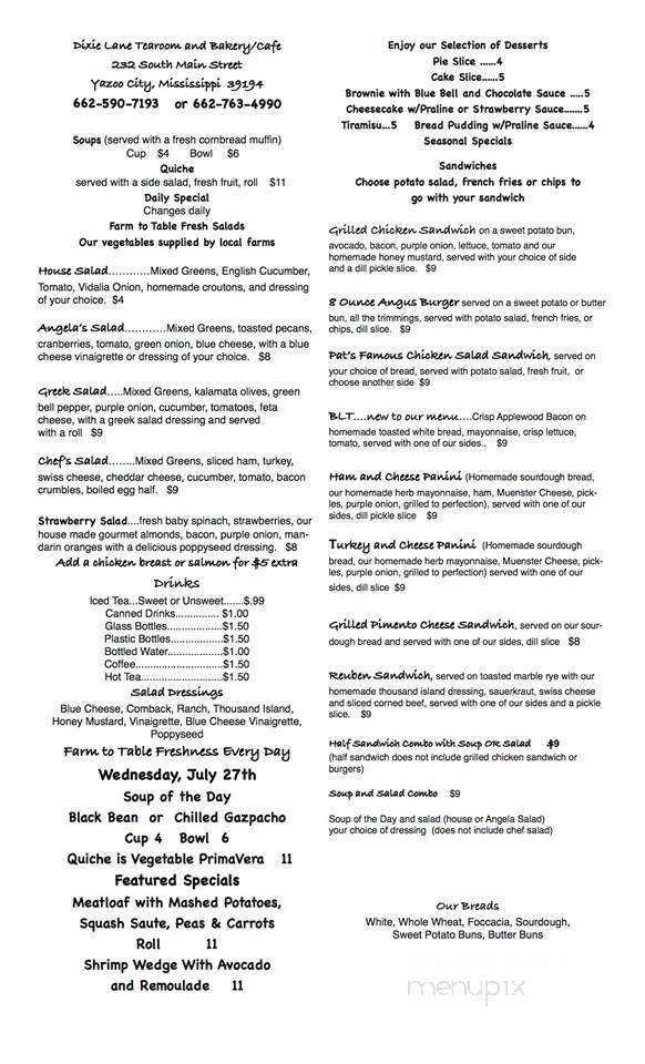 Dixie Lane Tea and Bakery - Yazoo City, MS menu_pic