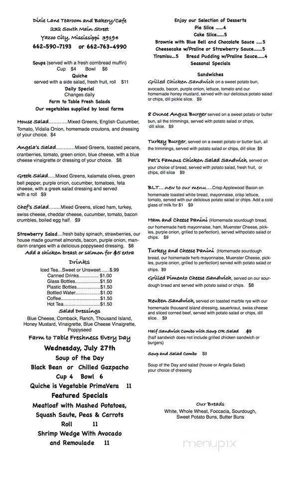 Dixie Lane Tea and Bakery - Yazoo City, MS menu_pic