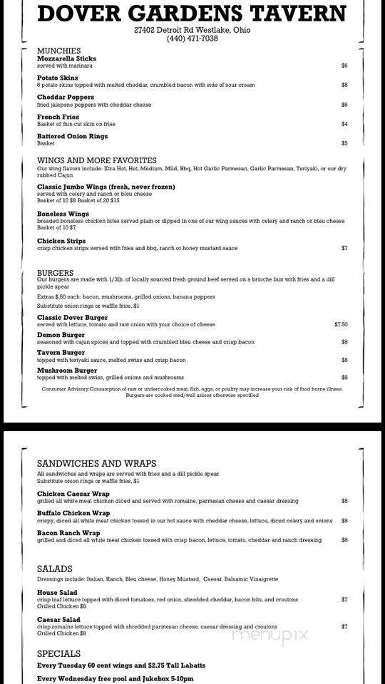 Dover Gardens Tavern - Westlake, OH menu_pic