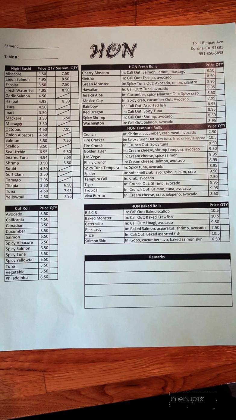 Hon Sushi - Corona, CA menu_pic