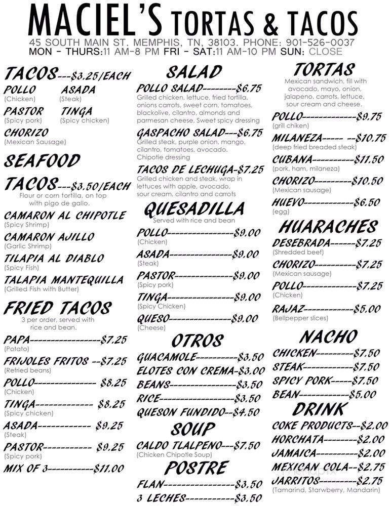 Maciel's Tortas & Tacos - Memphis, TN menu_pic