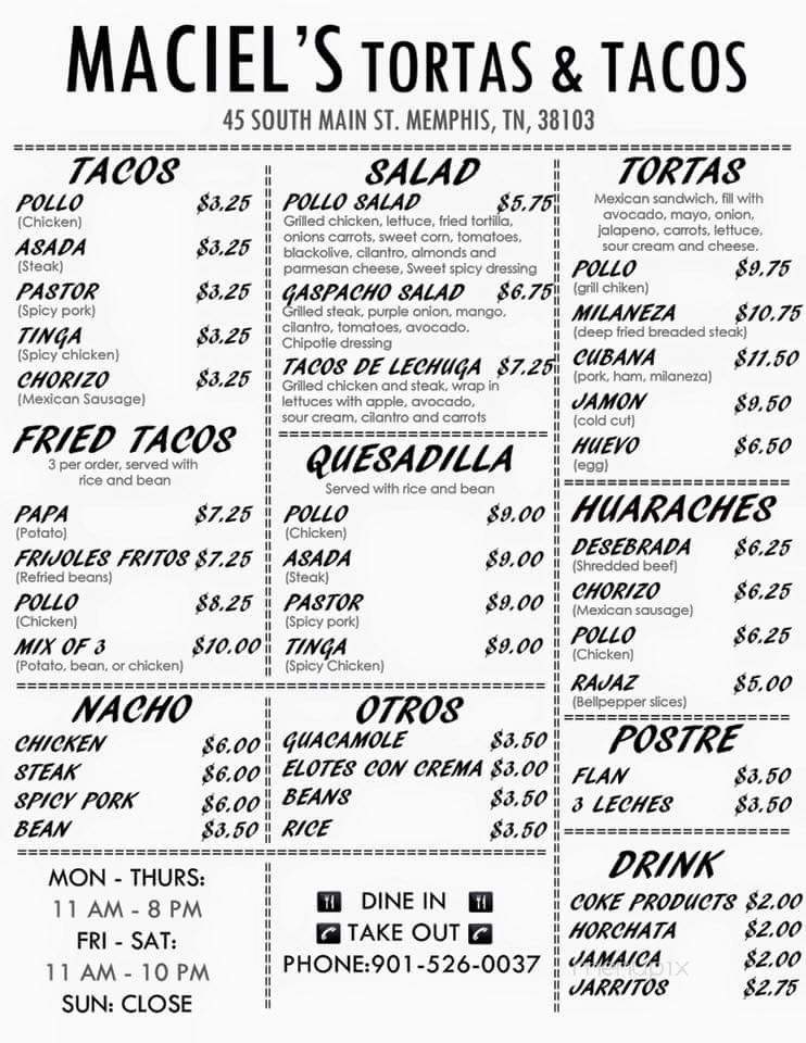 Maciel's Tortas & Tacos - Memphis, TN menu_pic