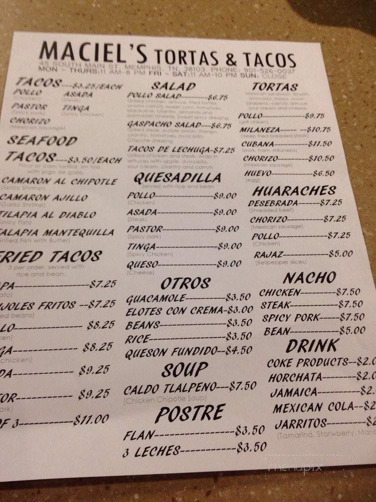 Maciel's Tortas & Tacos - Memphis, TN menu_pic