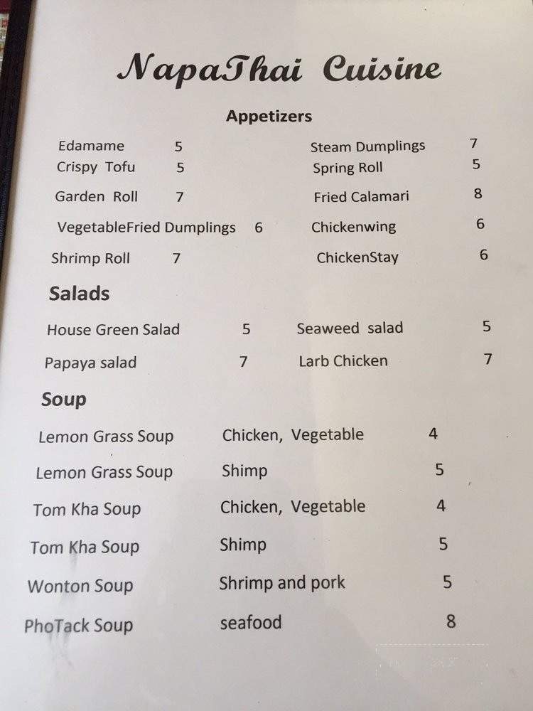 Napa Thai Cuisine - Lexington, VA menu_pic