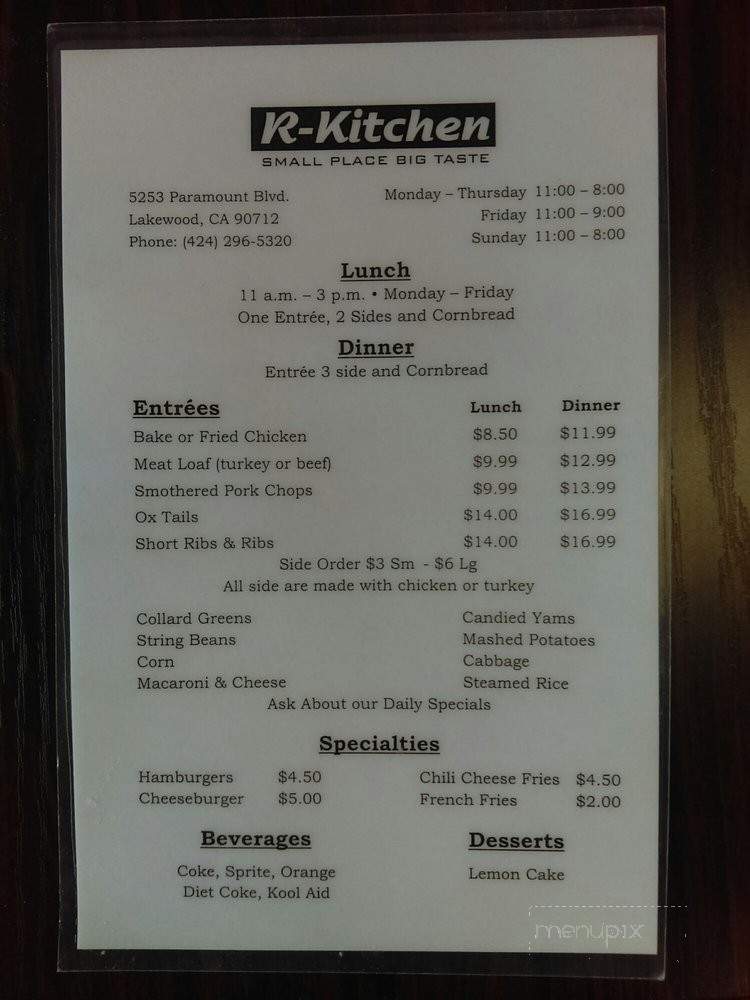 R Kitchen Soul Food - Lakewood, CA menu_pic