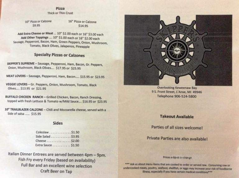 Skipper's Lake Front Bar & Grill - L'Anse, MI menu_pic