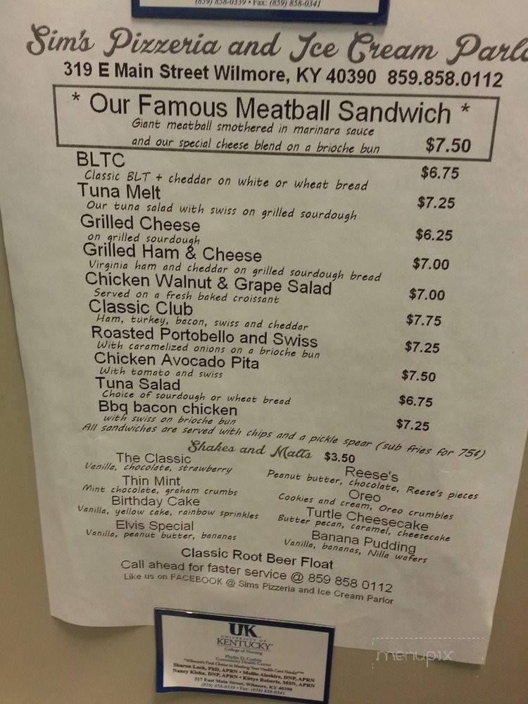 Sim's Pizza and Ice Cream - Wilmore, KY menu_pic