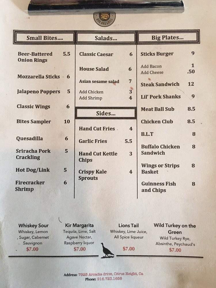 Sticks Bar and Grill - Citrus Heights, CA menu_pic