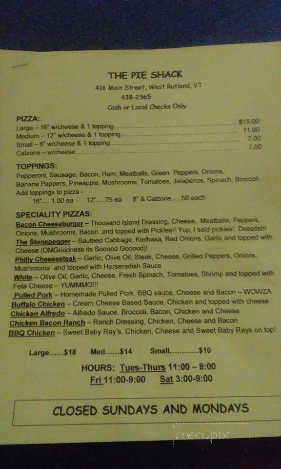 The Pie Shack - West Rutland, VT menu_pic