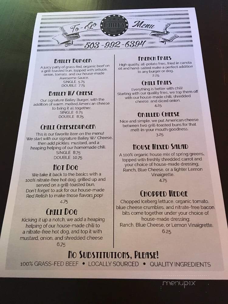 Bailey's Burger shop - Tigard, OR menu_pic